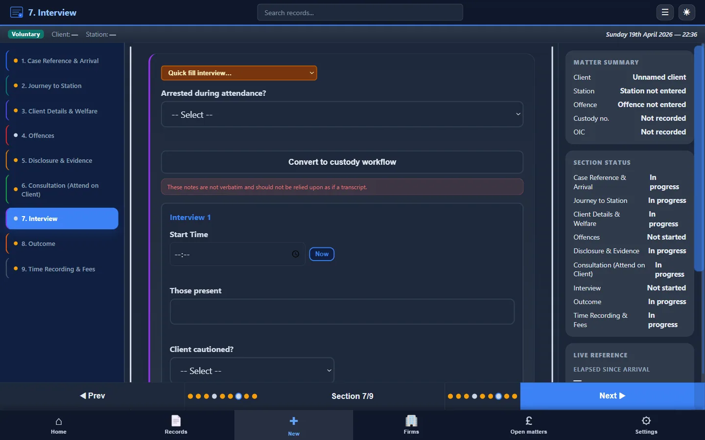 Custody Note voluntary attendance Section 7 of 9 — Interview, with Quick fill interview dropdown, Arrested during attendance question, Convert to custody workflow shortcut, and Interview 1 fields