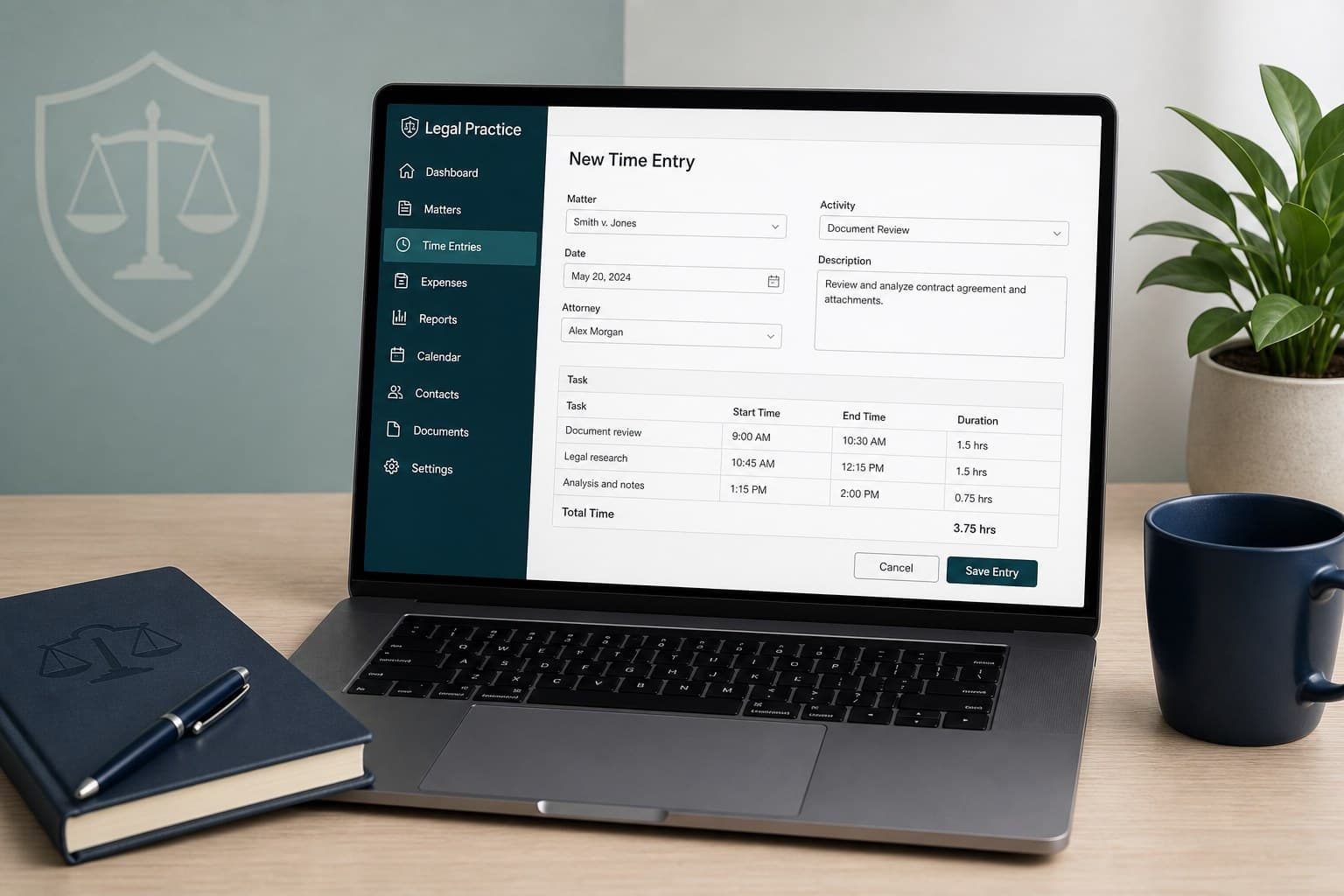 Desk workspace with a laptop showing a structured legal time-entry form — the kind of contemporaneous record that supports an escape fee claim