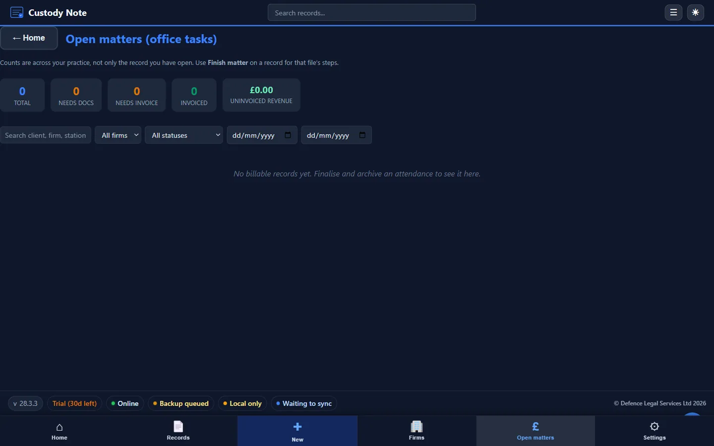 CustodyNote Open matters office tasks dashboard with five KPI tiles — Total, Needs Docs, Needs Invoice, Invoiced, Uninvoiced Revenue — plus filters for client, firm, station and date range