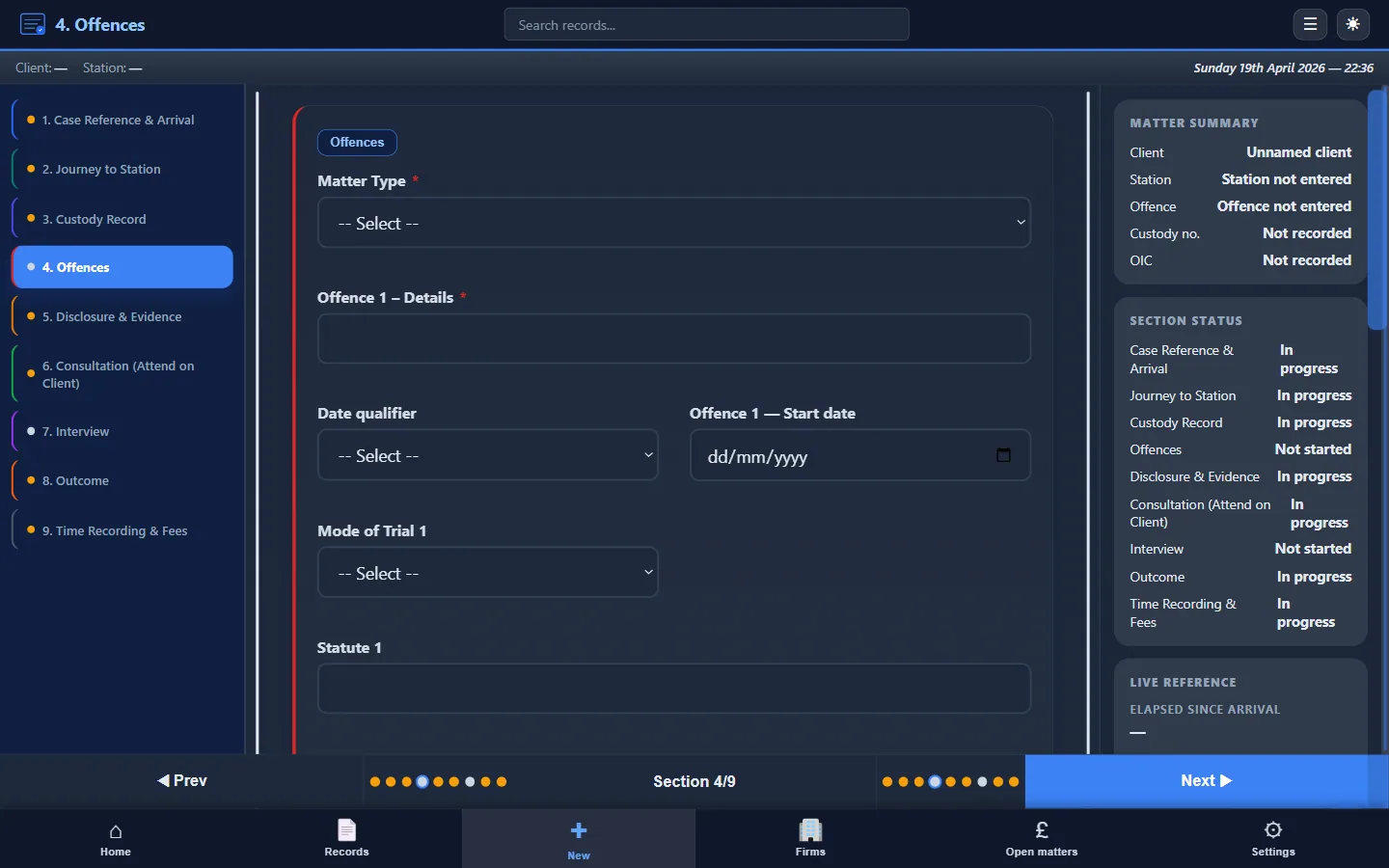 CustodyNote custody attendance Section 4 of 9 — Offences, with Matter Type dropdown, Offence 1 details textarea, date qualifier and start date, Mode of Trial dropdown and Statute field, with each alleged matter captured separately