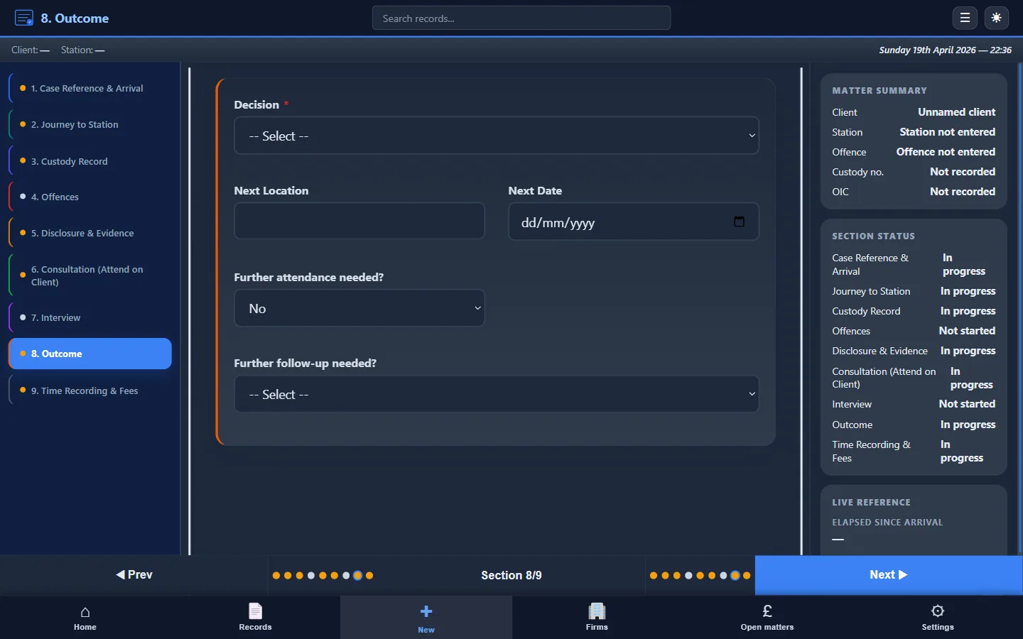 CustodyNote custody attendance Section 8 of 9 — Outcome, with Decision dropdown, Next Location, Next Date, Further attendance needed and Further follow-up needed