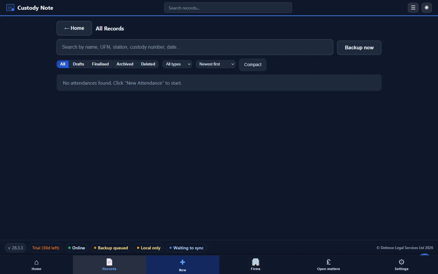 CustodyNote All Records search page with status filters (All, Drafts, Finalised, Archived, Deleted), type filter, sort order, and a single search box for client, UFN, station, custody number or date