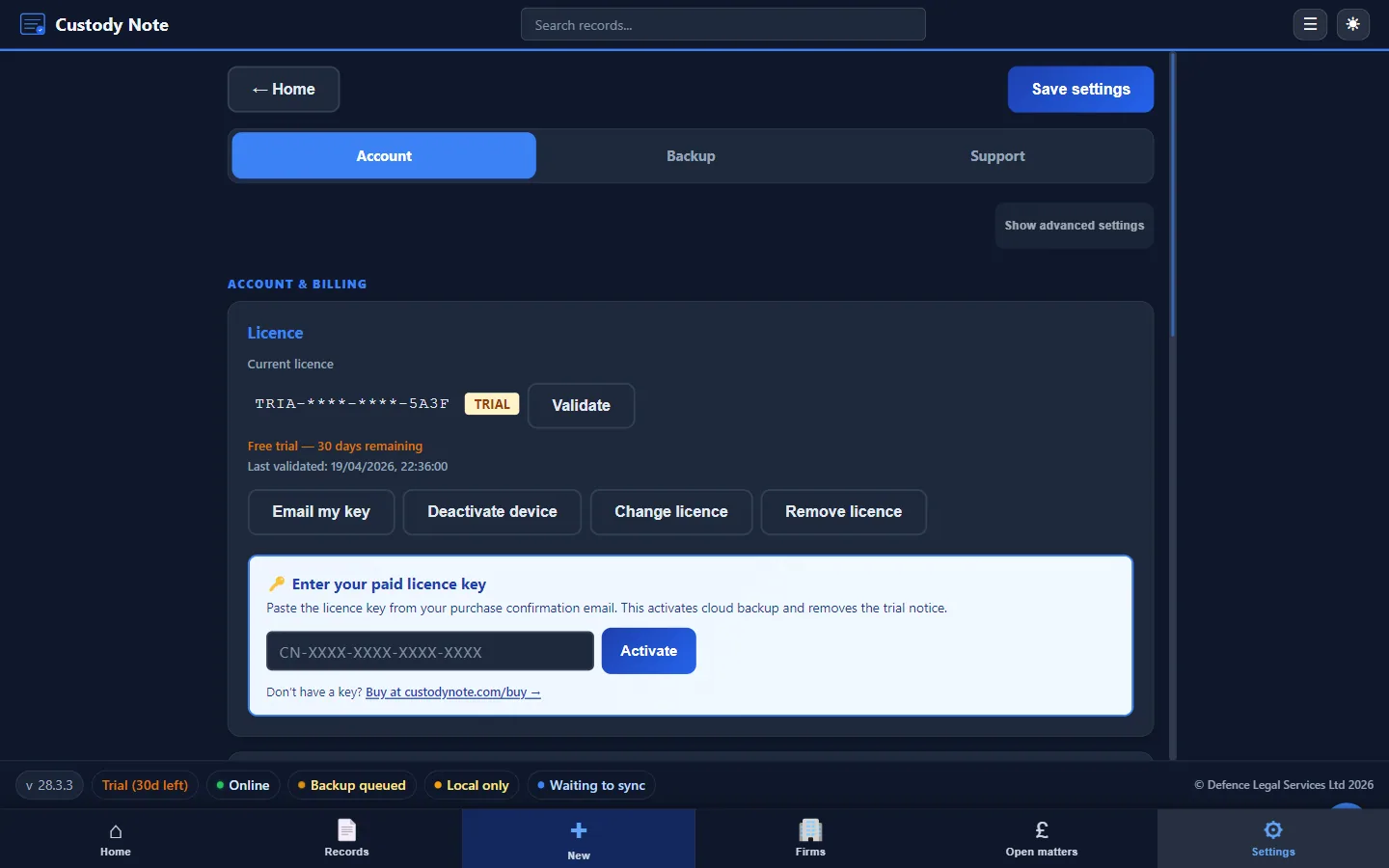 CustodyNote Settings page with Account, Backup and Support tabs, current licence (TRIA-****-****-5A3F), trial countdown, Email my key, Deactivate device, Change licence and Activate paid licence controls