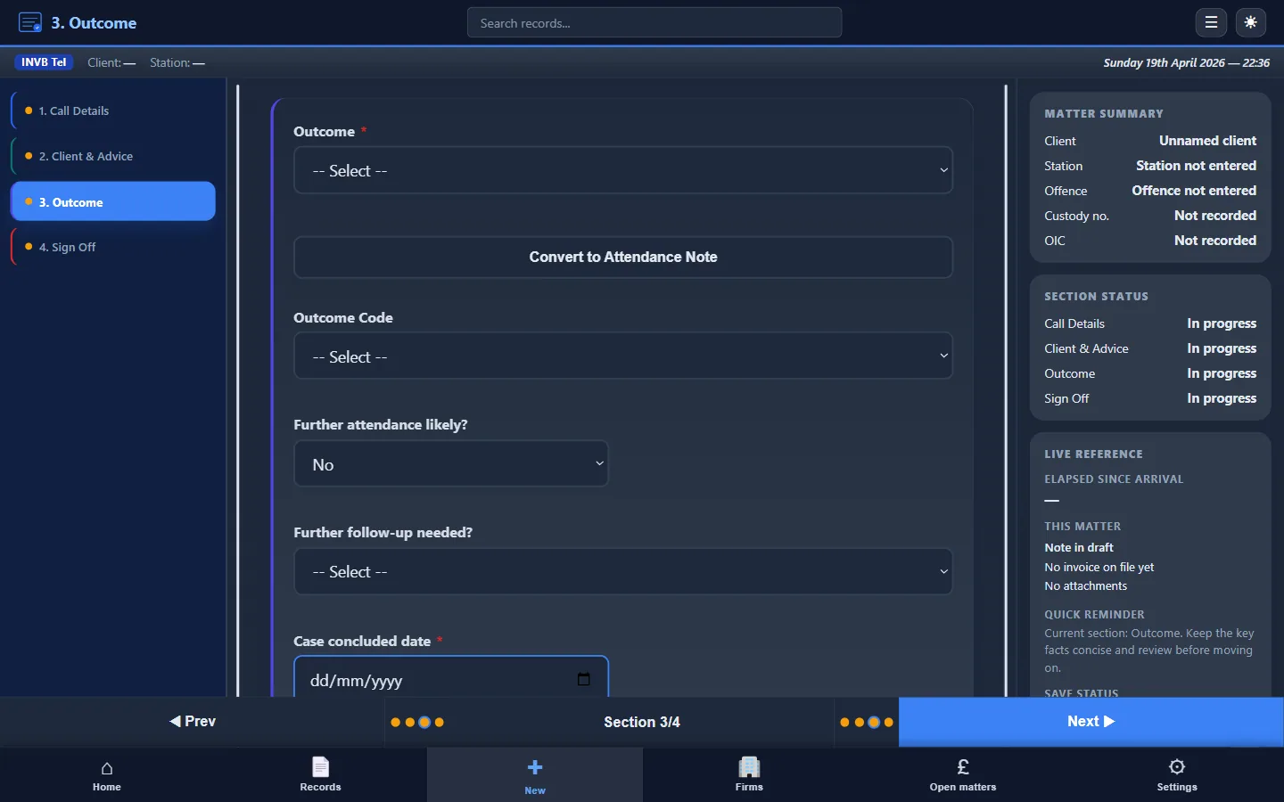 CustodyNote Telephone advice INVB form — Section 3 of 4, Outcome: outcome dropdown, Convert to Attendance Note shortcut, outcome code, further attendance likely, further follow-up needed, case concluded date