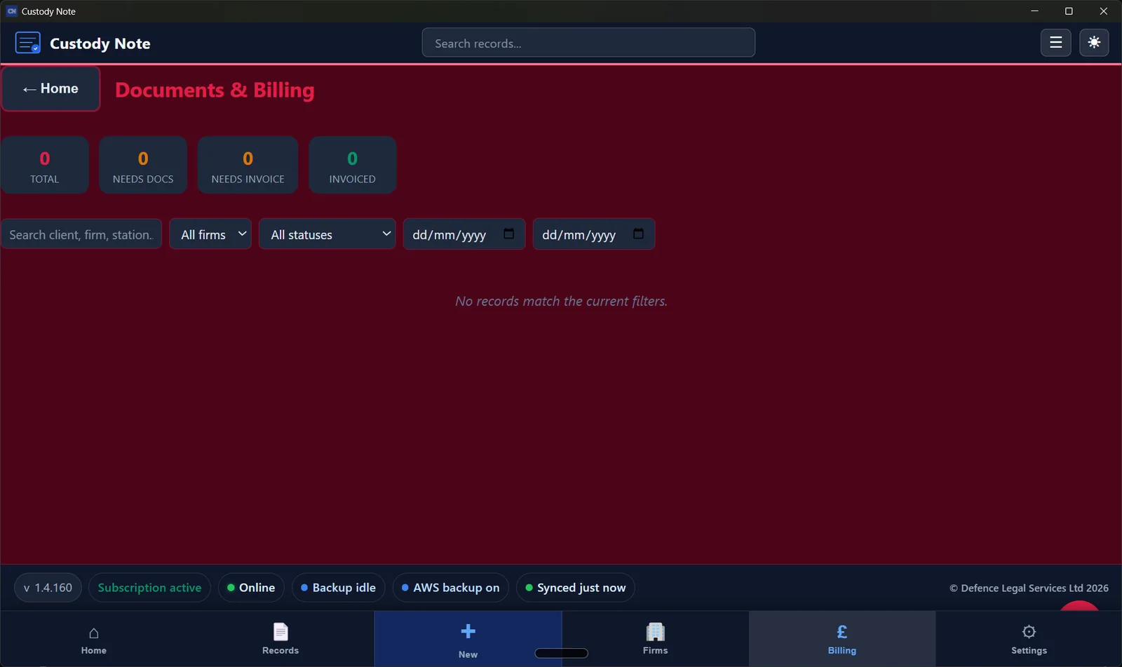 Custody Note documents and billing view with status filters and search