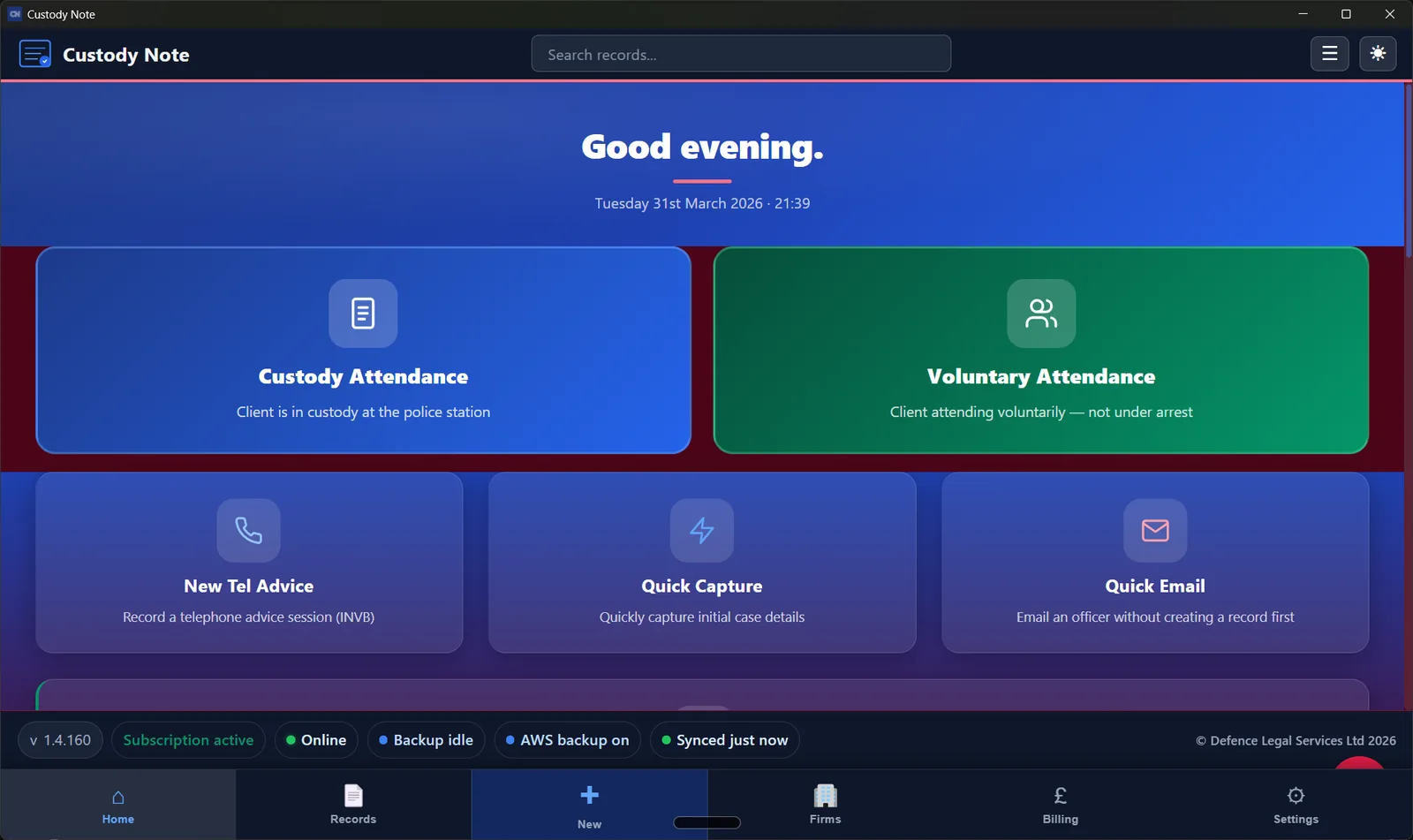 Custody Note dashboard showing Custody Attendance, Voluntary Attendance, Telephone Advice, and Quick Capture cards