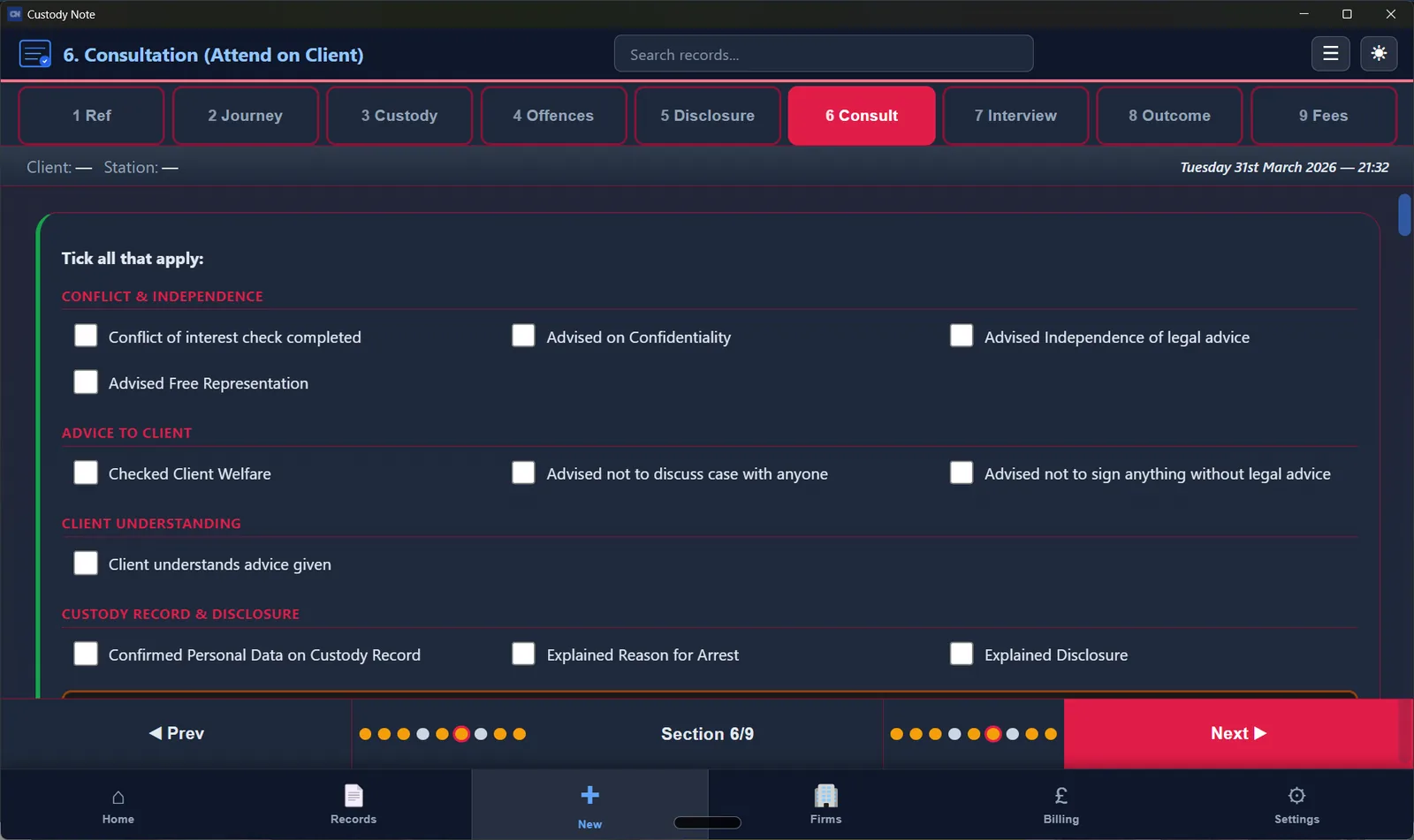 Custody Note consultation section showing structured checklists for conflict, independence, client welfare, and disclosure