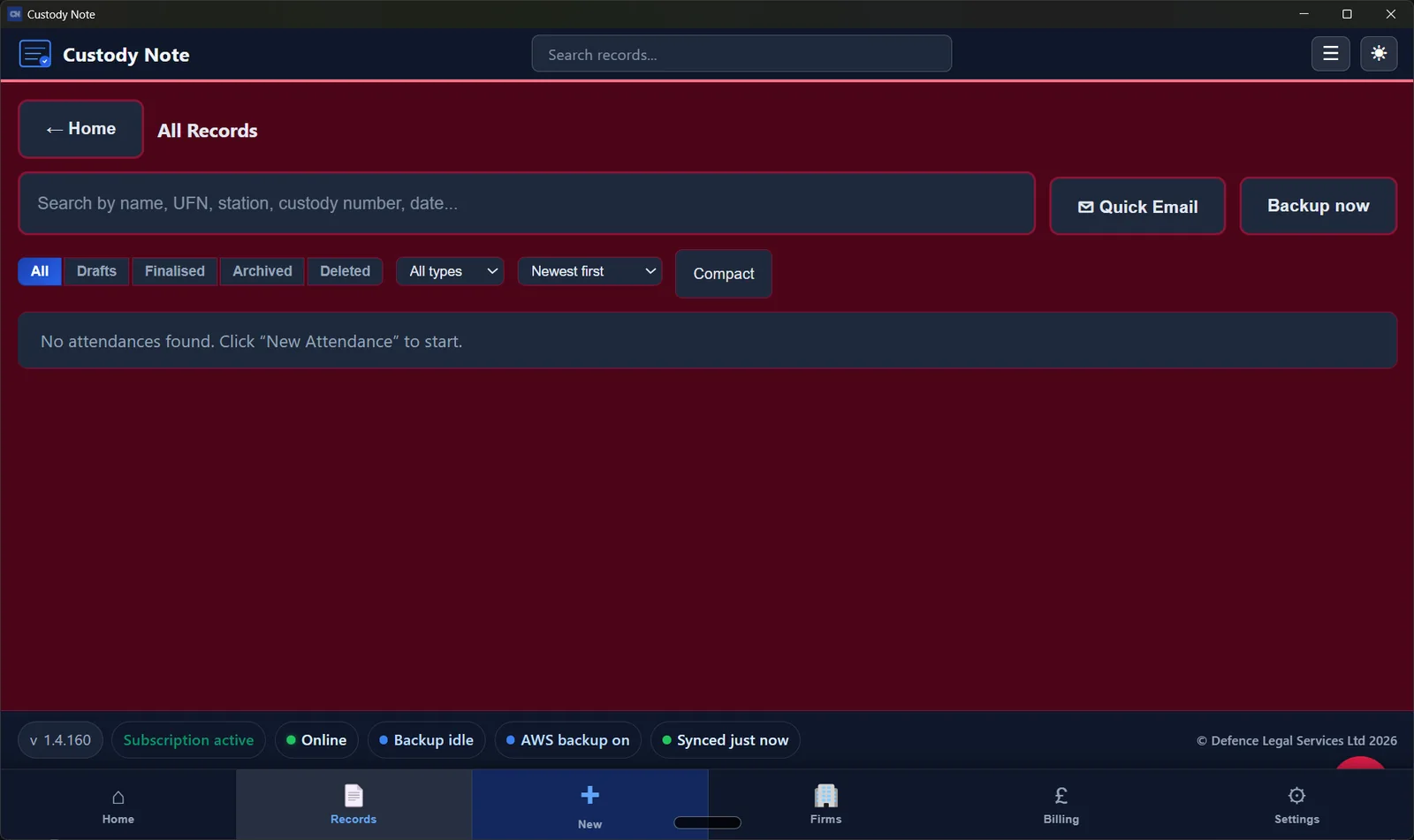 Custody Note records list with search, filters for All, Drafts, Finalised, Archived, and quick actions