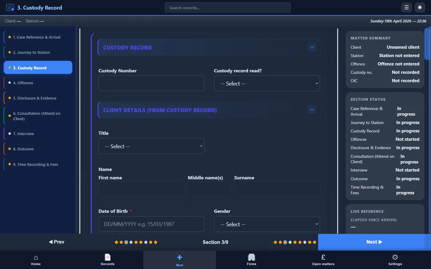 CustodyNote custody attendance Section 3 of 9 — Custody Record, with custody number, custody record read confirmation, and Client Details from Custody Record (title, name, DOB, gender)