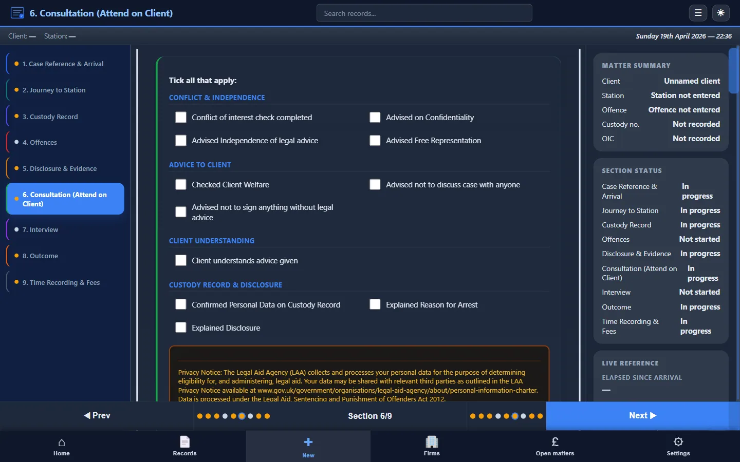 CustodyNote custody attendance Section 6 of 9 — Consultation (Attend on Client), with grouped tickbox checklists under Conflict & Independence, Advice to Client, Client Understanding, and Custody Record & Disclosure